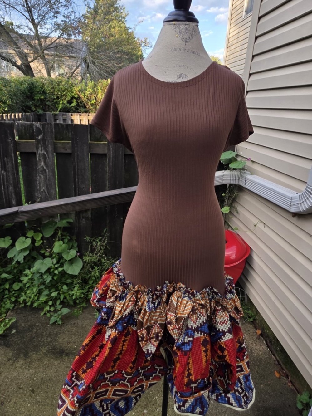 Brown Ribbed & Ankara Ruffle Dress - Picture 5 of 5